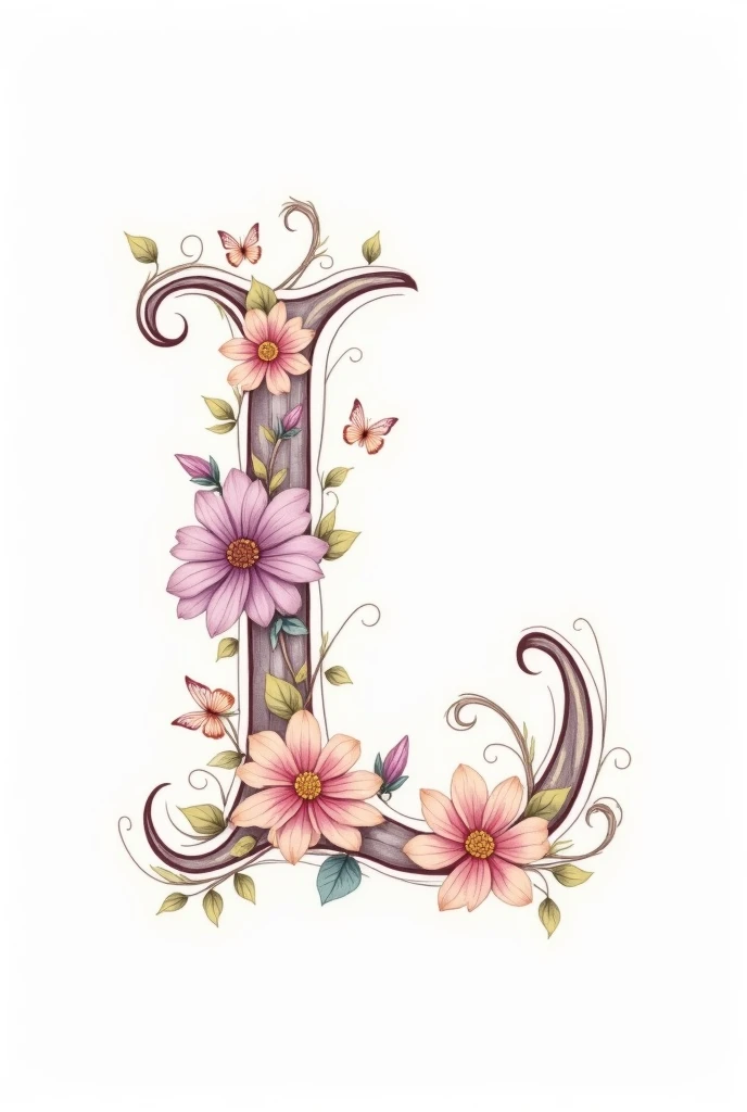 a picture with a letter "L" handwritten, on white background, that looks nice and is subtly decorated in rococo style with colorful flower and butterfly drawings around it, The color palette to use is pale pink, lila, soft yellow, pastel colours,