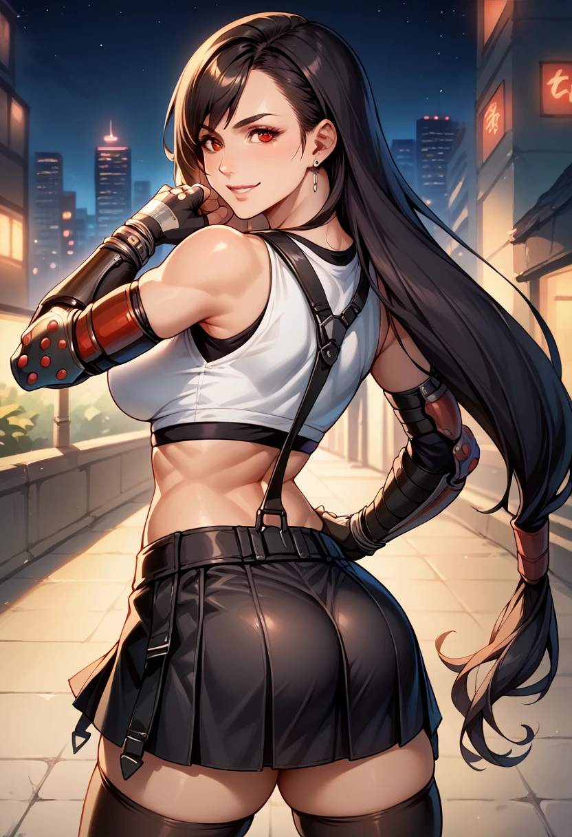 score_9, score_8_up, score_7_up, BREAK, score_9, smile, 7rtif, red eyes, black hair, low-tied long hair, earrings, sports bra, black suspenders, pleated miniskirt, black thighhighs, arm guards, elbow gloves, fingerless gloves, looking at viewer, cowboy shot, ass, from behind, night, city