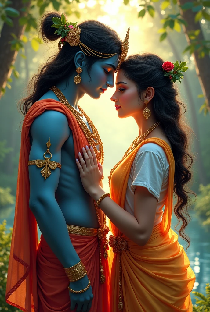 Radha and kreeshna, with girl in t shirt , જાનકી name on t shirt ,show name cliar ,girl see front on camara