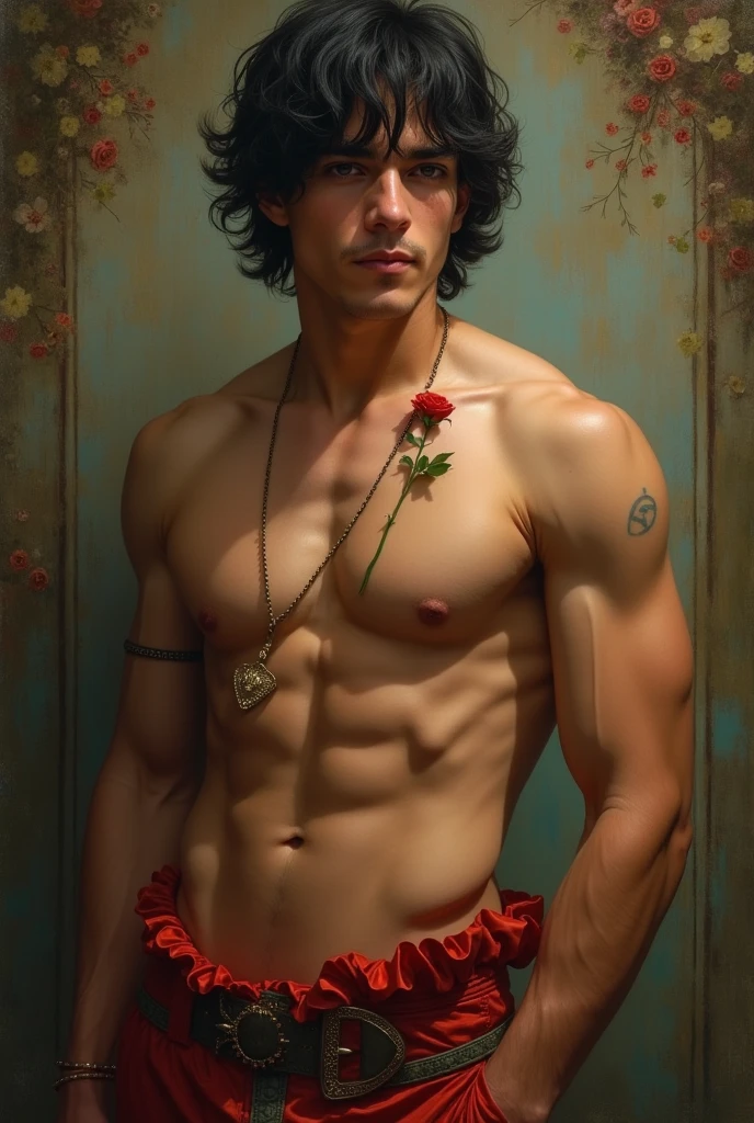 in jc leyendecker and norman rockwell art style, "the lover", fullbody, a young latino man standing, soft colors, with a look, shirtless, pantless, smiling, sexy gaze, perfect anatomy, holding a rose, realisitic skinny detailed muscles, muscled legs, handsome, gorgeous, man adventurer, latino, rose, smirk, short bob haircut, ruffles, silk, reach intricate background, realism close up portrait, oil painting, masterpiece, shadows, expert, insanely detailed, 4k resolution, caravaggio, john william waterhouse, By Caravaggio colours, chiaroscuro, mtg, dnd, fantasy, Mysterious