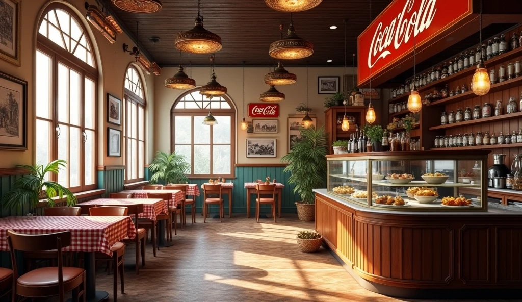 
"Design the interior of a vintage Irani cafe that exudes a nostalgic and quaint atmosphere with a busy and bustling vibe. The scene should include:

1. **Vintage Furniture:**
   - Wooden tables and chairs with checkered tablecloths.
   - A wooden countertop with a glass display case showcasing food and drinks.

2. **Decor and Props:**
   - Circular ceiling fans with ornate blades.
   - Old-fashioned pendant lamps with decorative shades.
   - Framed black and white photographs of people and places related to the cafe's history.
   - A classic red Coca-Cola sign.
   - Shelves and display cases filled with snacks, spices, and glassware.

3. **Lighting:**
   - Sunlight streaming through windows, creating a warm and inviting glow.
   - Overhead lighting from ceiling fans with built-in lights and pendant lamps.

4. **Atmosphere:**
   - Background chatter and laughter from customers, suggesting a lively and social environment.
   - Soft background music, possibly classic Bollywood tunes or old-fashioned jazz, enhancing the nostalgic feel.

The overall design should transport visitors to a bygone era, combining vintage decor with warm lighting and a lively atmosphere to create a unique and inviting space."