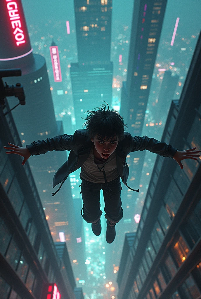 Imagine you are boy in depression and you are falling from a tall building in cyberpunk era