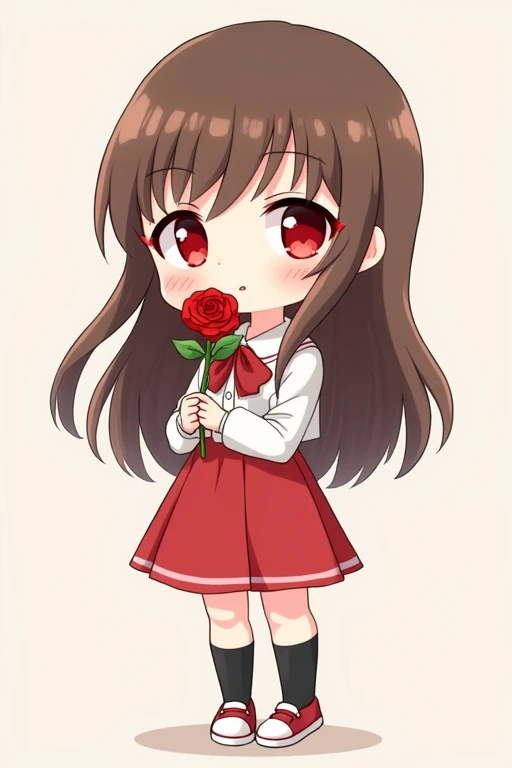 A cute anime girl with long brown hair, red eyes, wearing a simple white dress shirt with a red handkerchief-shaped ribbon, a simple red skirt, black socks, and red shoes with white areas is smiling gently and holding a single red rose in both arms, this is a deformed illustration with a thick outline.