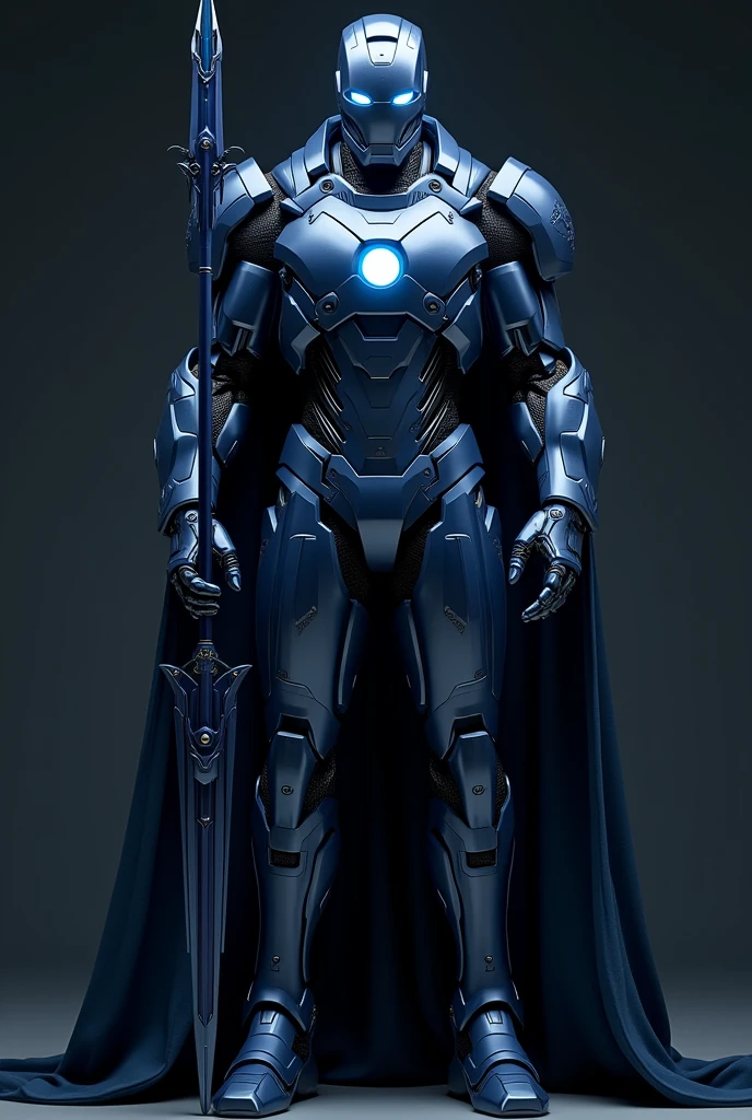 modern dark blue, iron armor suit, iron man body, iron man face, no hair, blue cloak, dark blue robot spear, blue eyes.