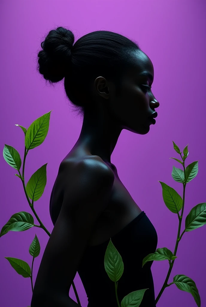 Purple background book cover with black woman silhouette with basil leaves in green color