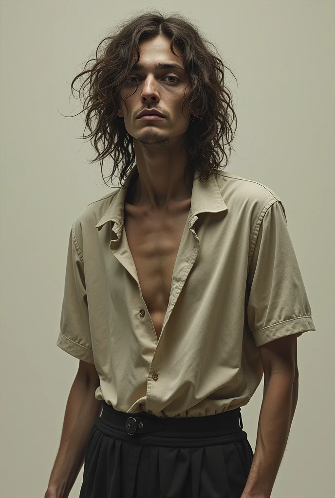 A painfully thin man, brown curly hair, with a hooked nose, hair below the shoulders, Gathered in the tail, wears a loose shirt and trousers