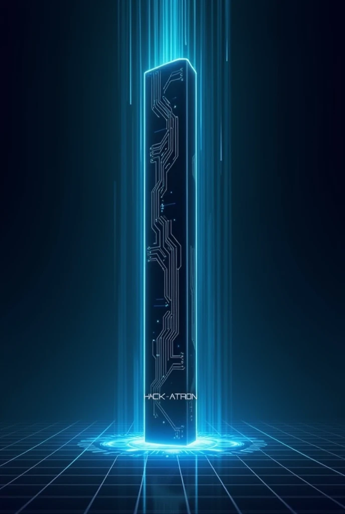 Concept: Glowing Circuit and Monolith
Main Focus: A single, sleek, vertical monolith in the center of the image, glowing with soft blue light. The surface of the monolith has subtle, intricate circuit patterns that emit a gentle, pulsing glow.
Background: A dark, gradient background fading from deep blue to black, with a few thin, glowing lines resembling futuristic circuit traces extending outward from the monolith, giving a sense of connectivity and energy flow.
Title: The event name "Hackatron" is placed at the bottom or vertically along the monolith, in a sharp, minimalistic font. The text glows softly, matching the blue tones of the monolith.
Additional Elements: A faint grid pattern beneath the monolith, suggesting a digital or virtual landscape, but kept subtle to maintain the minimalist aesthetic.