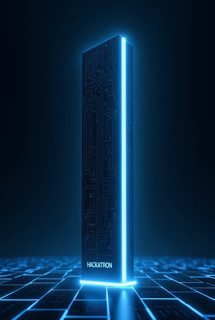Concept: Glowing Circuit and Monolith
Main Focus: A single, sleek, vertical monolith in the center of the image, glowing with soft blue light. The surface of the monolith has subtle, intricate circuit patterns that emit a gentle, pulsing glow.
Background: A dark, gradient background fading from deep blue to black, with a few thin, glowing lines resembling futuristic circuit traces extending outward from the monolith, giving a sense of connectivity and energy flow.
Title: The event name "Hackatron" is placed at the bottom or vertically along the monolith, in a sharp, minimalistic font. The text glows softly, matching the blue tones of the monolith.
Additional Elements: A faint grid pattern beneath the monolith, suggesting a digital or virtual landscape, but kept subtle to maintain the minimalist aesthetic.
