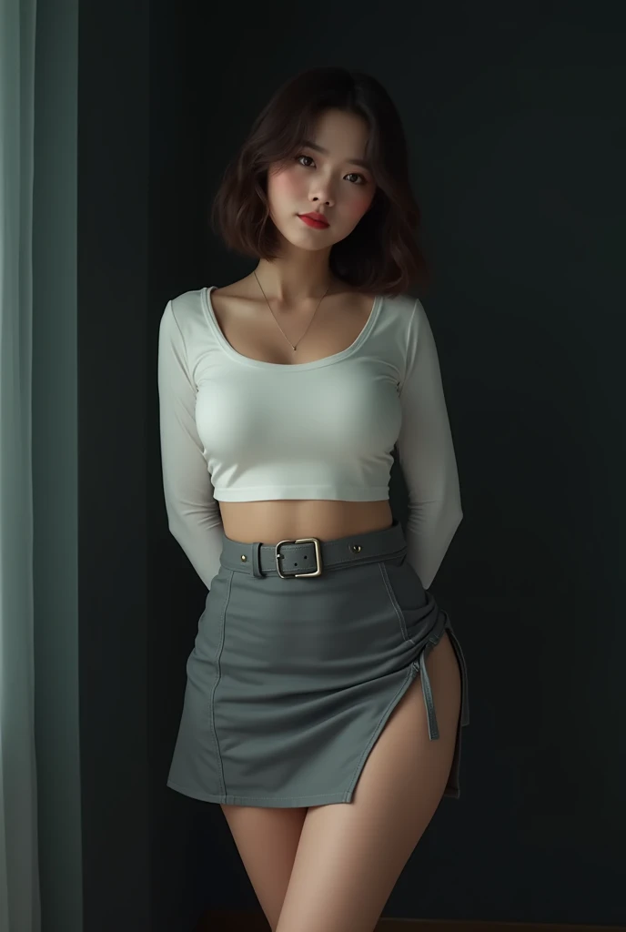 ((my face is very sad)), ((Straddling)), cewe-sma, from fitting, white cropped shirt underboobs, gray skirt high split, belt, ((Bob Hairstyle)), ((biggest colosal breast)), (Malaysia female), age , 8K, photottorialism, show big smooth thigh. Dark background
