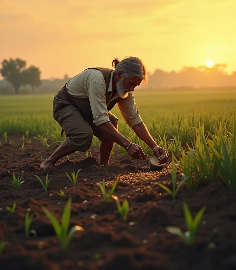farmer sowing seeds in the field with soil around him growing small plants, the sky has an orange tone