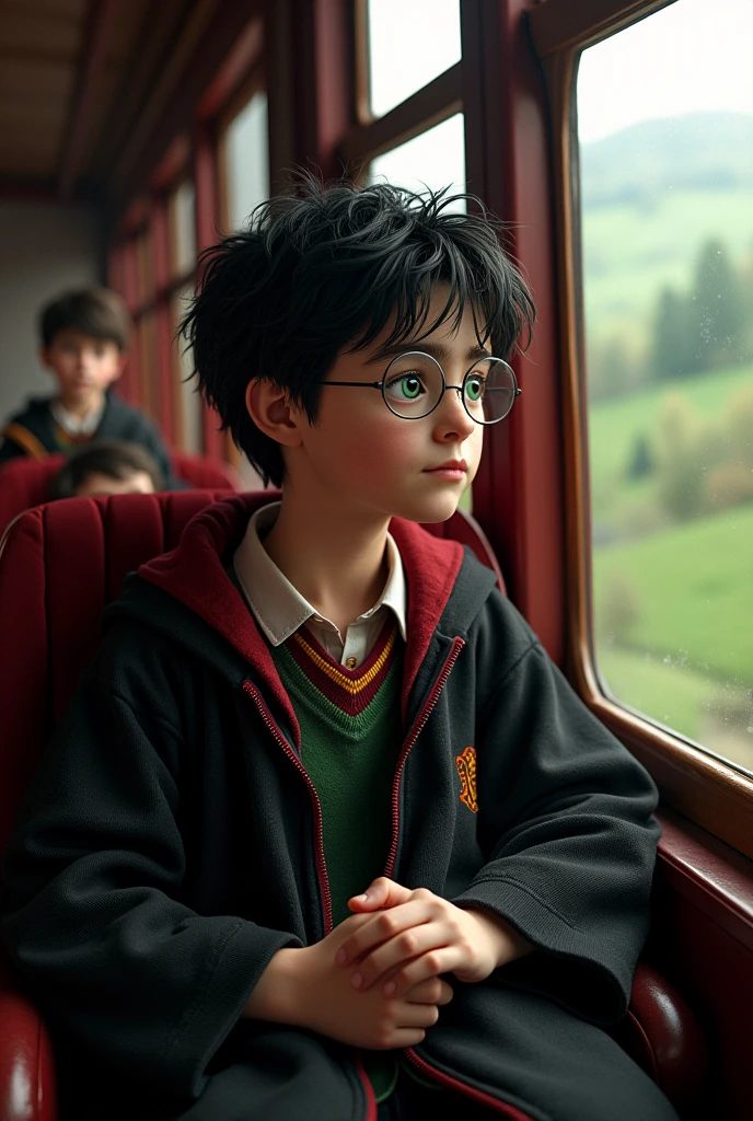 Harry Potter sitting in Hogwarts express looking outside 