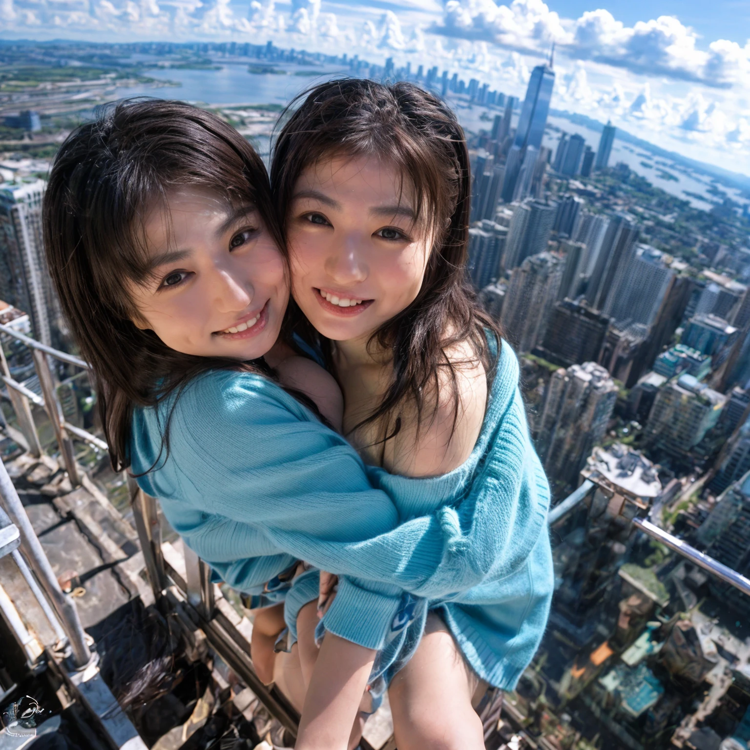 Identical twin sisters hugging each other、hug、(8k、Live Shooting、Highest quality、masterpiece:1.2)、Very detailed、Super Resolution、(Hyper Genuineity、)Very detailed、Super Resolution、(Genuine、Actual Photos:1.47)、 exhilarating roのwonderful selfie の a confident womの with black hair in a long,She beams as she looks out over the ultra-modern city below.... This high のgle,Fisheye lens photo の her in mountaineering clothes、Accentuate the spaghetti straps **** wonderful,Climbing Pのts,a 、This aerial photograph was completed...,