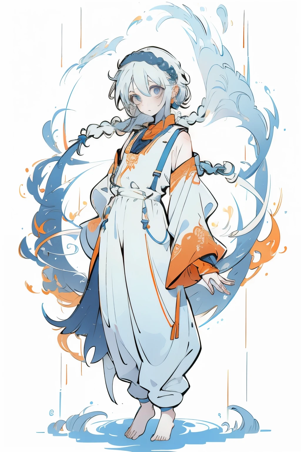 1 Girl, Orange sleeves, White hair, White skin, Light blue hair accessories, Blue suspenders, Blue clothes, Light blue eyes, barefoot, Double braid