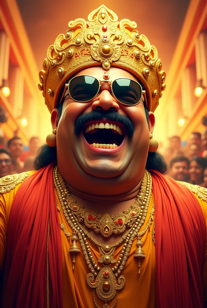 A vibrant and dynamic poster.The central figure is a joyful, larger-than-life character dressed in traditional attire with a royal golden crown adorned with a large gemstone. The character has a thick, not weared shirt, only weared dothi,curled mustache and is wearing black round sunglasses. He has an exaggerated expression of laughter, showing a sense of excitement and celebration. The character is also adorned with heavy golden jewelry, including necklaces and earrings. Background is glowing with shades of orange, red, and gold, creating a festive and energetic atmosphere.The overall style is bold, colorful, and celebratory, with a mix of traditional and modern elements.
Size: 1024x1792.
