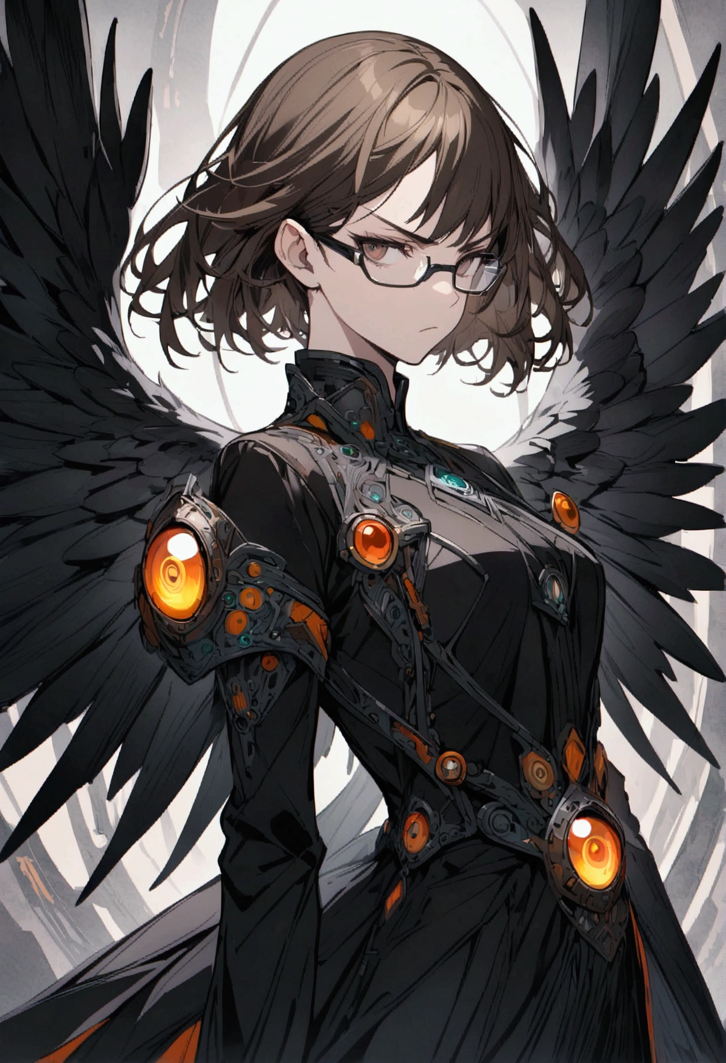 brown-haired, Brown eyes, black glasses for vision, black clothes, Black wings behind the back, serious look