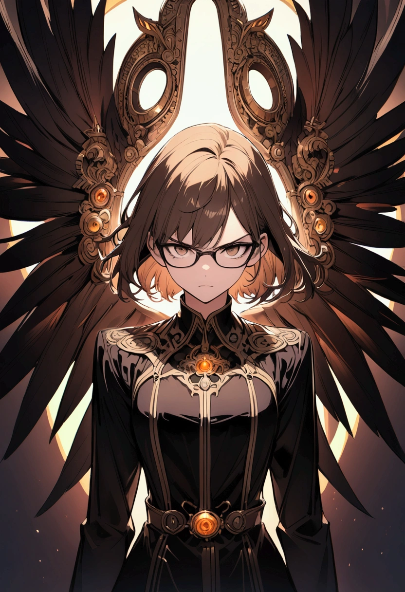 brown-haired, Brown eyes, black glasses for vision, black clothes, Black wings behind the back, serious look
