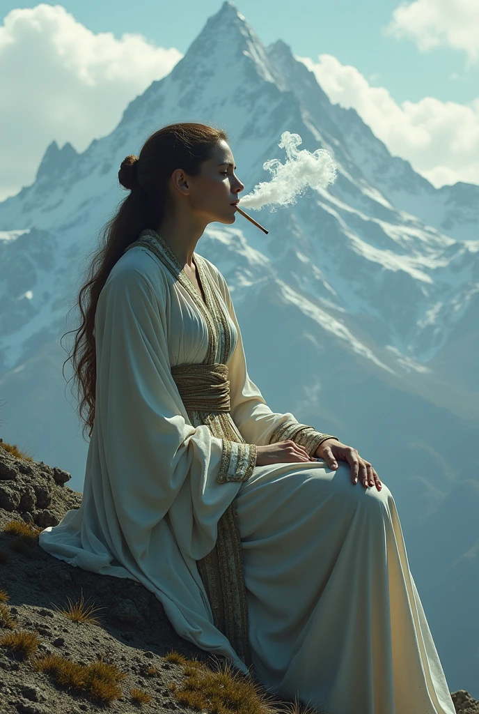 A giant woman sitting and smoking, she is near a mountain 