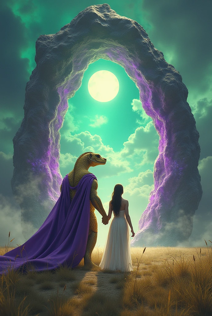 Reptilian with golden scales and a purple cloak and a silver belt , exit through a magical cosmic portal made of polished amethysts, she guides a woman in a black tunic and white dress, Inside the portal there is a beautiful city of white buildings at night, The portal is in the middle of a field, the sky is daytime and has a green nebula