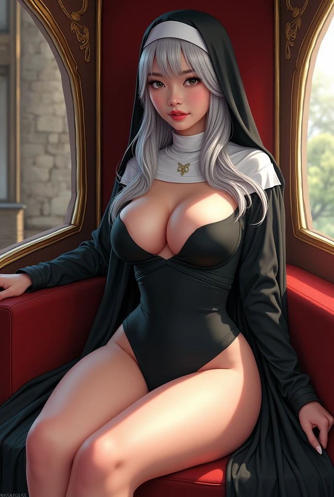 Young woman,​Twenty-five years old, Beautiful face, Asian face, Long silver hair, Wearing a tight nun costume that reveals her thighs, miniskirt, Central Europe, Big chest, Thin waist, Big butt, Sit inside a luxurious carriage, Middle Ages, Drawing style Manga v3.0​