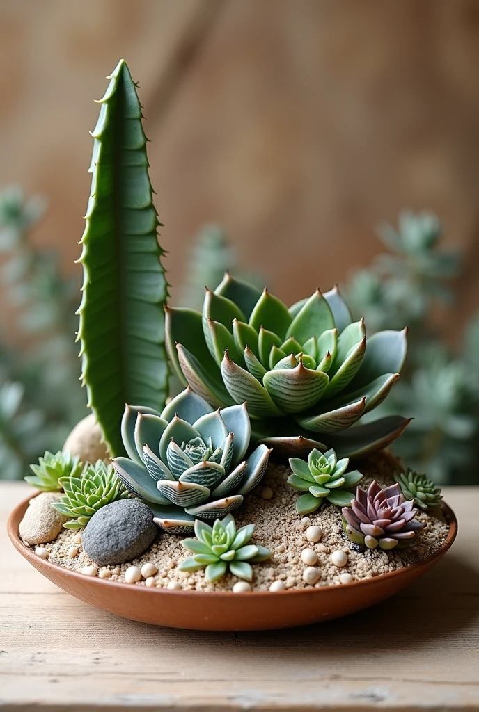 Create a dish garden designs with the theme of desert and unique plants