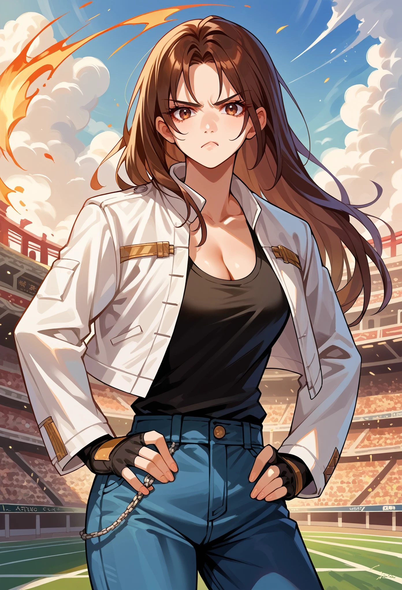 score_9, score_8_up, score_7_up, source_anime, 1girl, solo, (female:1.5), female focus, kyo_nest, brown hair, long hair, brown eyes, white jacket, open jacket, black shirt, blue pants, chain, cleavage, fingerless gloves, standing, pout, hands on hip, looking at you, coliseum