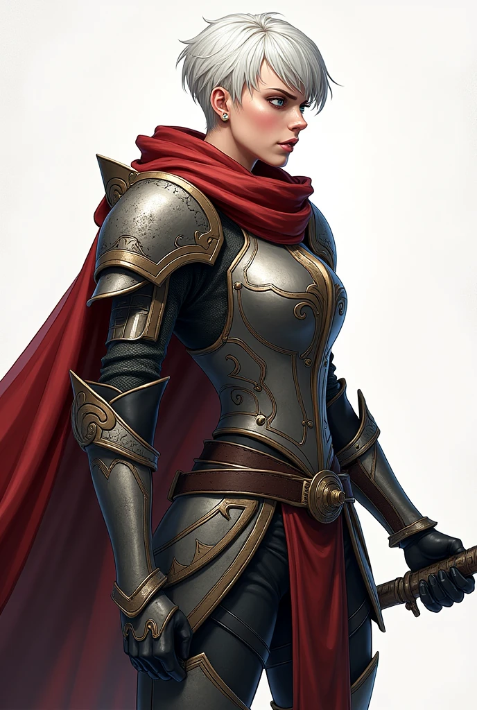 2d art, Keyleth vox machina, White hair, shorth hair, medieval armor, hight contrast, Two-tone lighting, drawning, d&d, arte 2d cleriga, drawning animado, attack on titan, menos realista, vox machina-like art, arte de drawning animado adulto, a little more realistic, similar to the art style of attack on titan, less realism, hight contrast, no back ground, slickedback hair, art style similar to the style used in the attack on titan anime, medieval armor