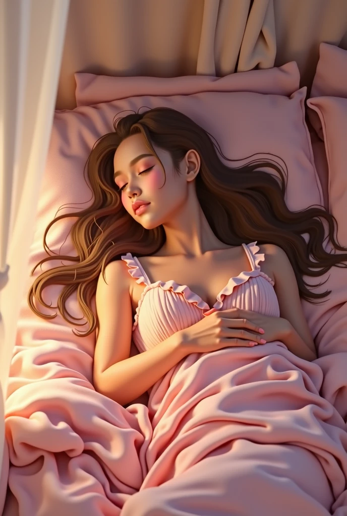 A women Just wake up from bed in morning, pink bed and pink night dress