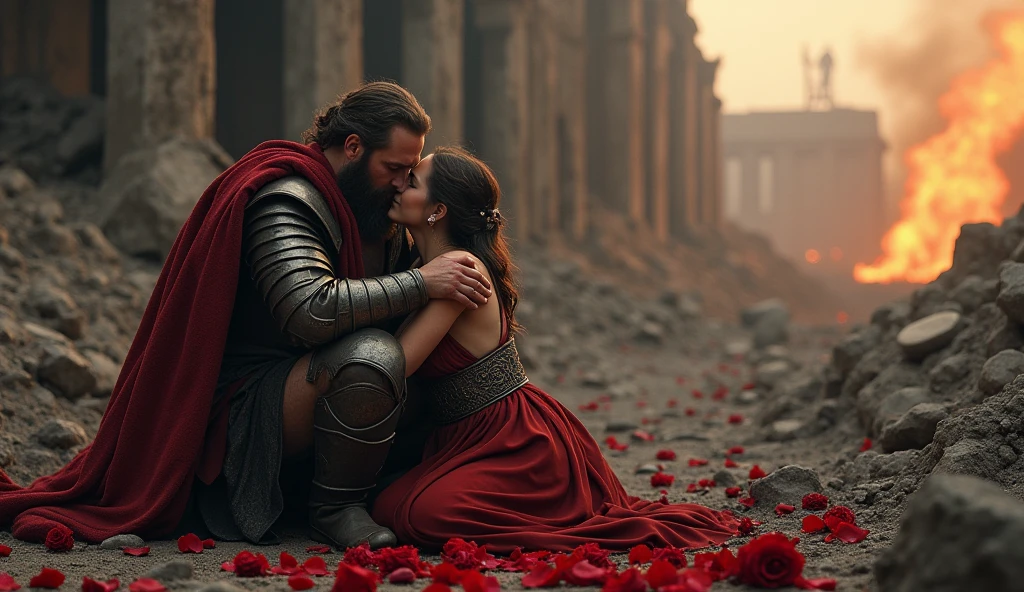 401 a.C; (masterpiece, best quality) destroyed city roses on the floor; flowers on the ground; 1Vikings soldier kissing his wife(close-up);roman sword on the floor.; fire around.