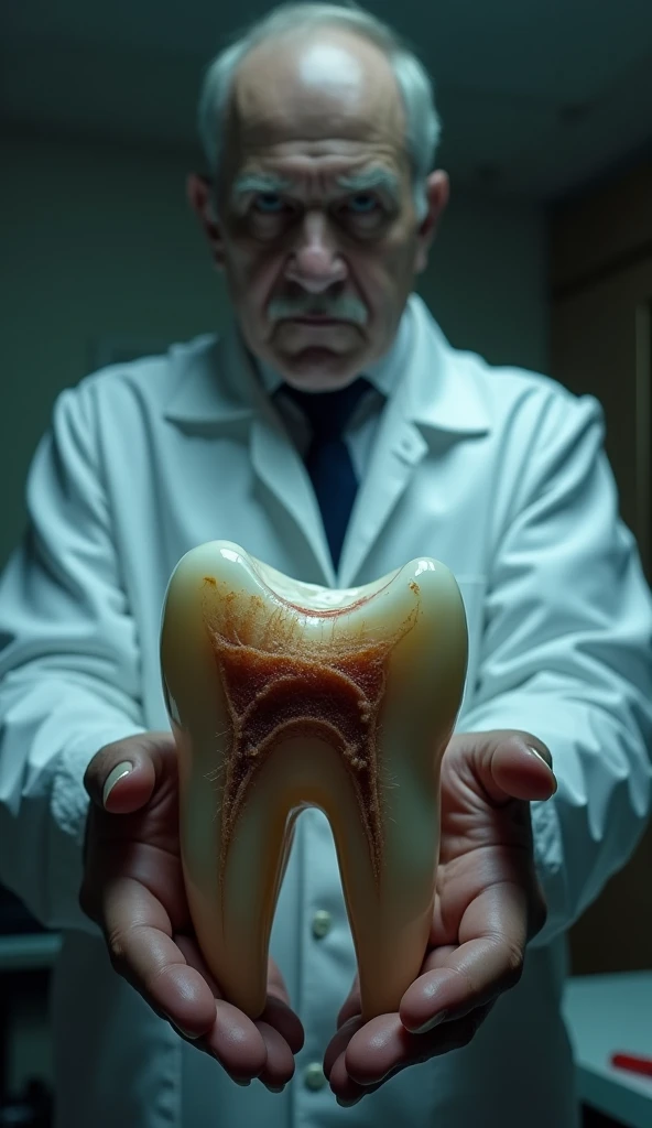 A dentist holding a model of a tooth showing enamel erosion, horror