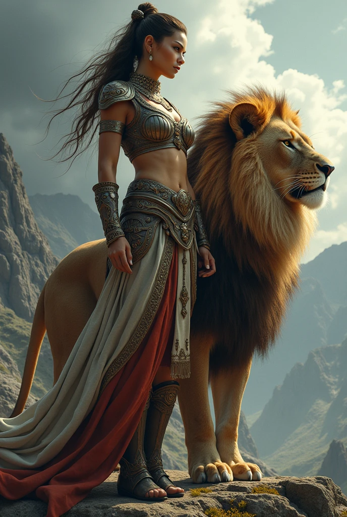 Create a powerful women with the lion together