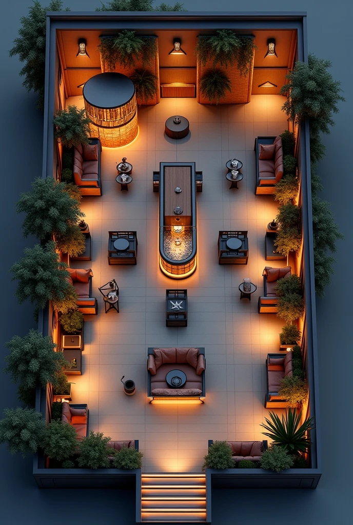 “Plan détaillé d’une boîte de nuit moderne, vue de dessus, 13 mètres sur 23 mètres, incluant 4 loges VIP spacieuses, un bar central design avec comptoir en bois et métal, un système d’éclairage sophistiqué avec des lumières beam projetant des faisceaux lumineux sur la piste de danse, des spots LED encastrés pour éclairer l’ensemble de l’espace, des zones de sièges confortables, une scène pour les performances, et tous les autres éléments architecturaux et d’aménagement intérieur. Rendu 2D haute résolution.”