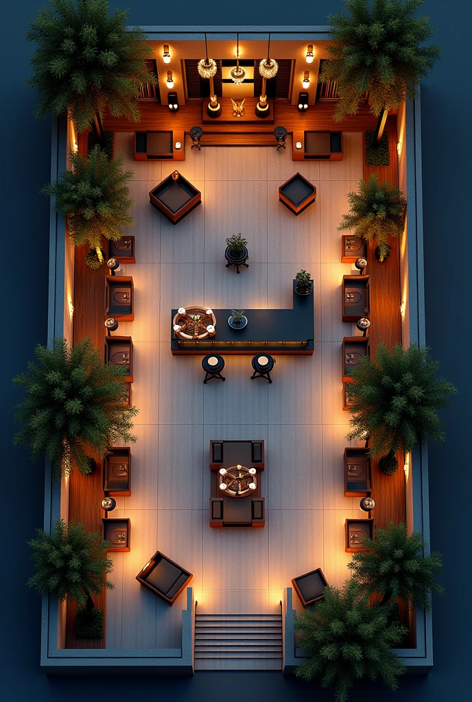 “Plan détaillé d’une boîte de nuit moderne, vue de dessus, 13 mètres sur 23 mètres, incluant 4 loges VIP spacieuses, un bar central design avec comptoir en bois et métal, un système d’éclairage sophistiqué avec des lumières beam projetant des faisceaux lumineux sur la piste de danse, des spots LED encastrés pour éclairer l’ensemble de l’espace, des zones de sièges confortables, une scène pour les performances, et tous les autres éléments architecturaux et d’aménagement intérieur. Rendu 2D haute résolution.”