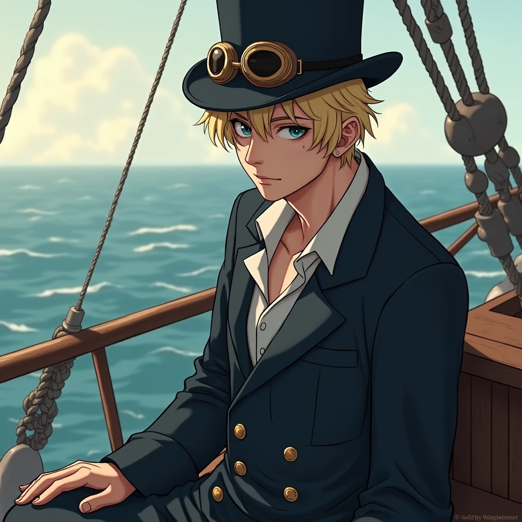 White male、(((1)))、美Shii若者、smile、blonde、semi-long、Baby Face、Rin々Shii、逞Shii、brave、skinny、(((Old burn scar around left eye)))、Top hats and goggles、Navy Costume、Jacket、On the boat、Genuine、Genuineistic、Live Action、High Resolution Black Hair,