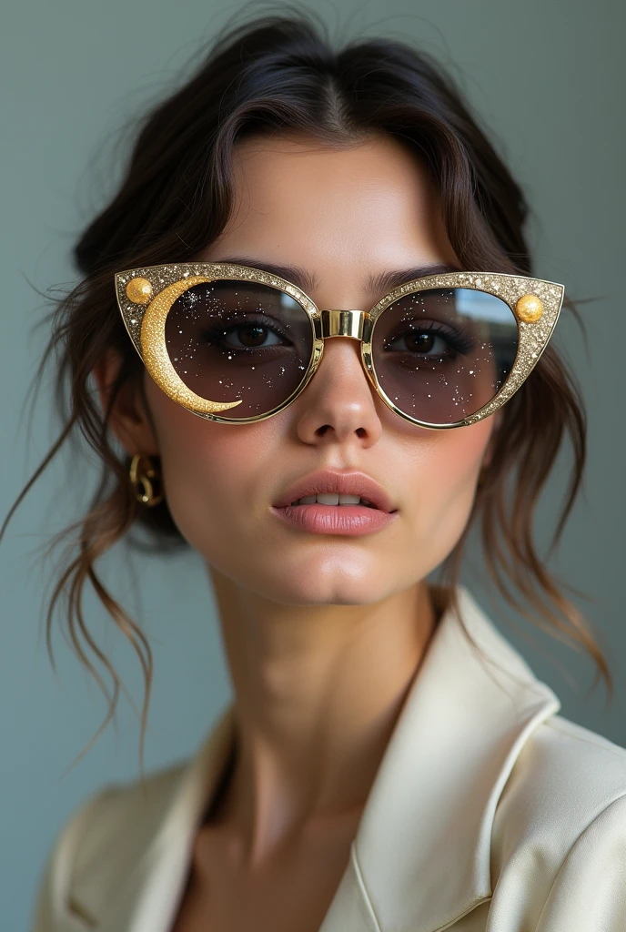The model is wearing glass sunglasses with stars and the moon on the glass