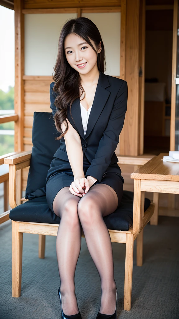 Pure young Japanese cabin attendant lady, sitting, formal makeup, natural hair style, sexual attractive, shiny white skin, wearing formal cabin attendant suits, nylon pantyhose, high heels, sweet smile, sweet temptation, soft sunlight, professional portrait photography,