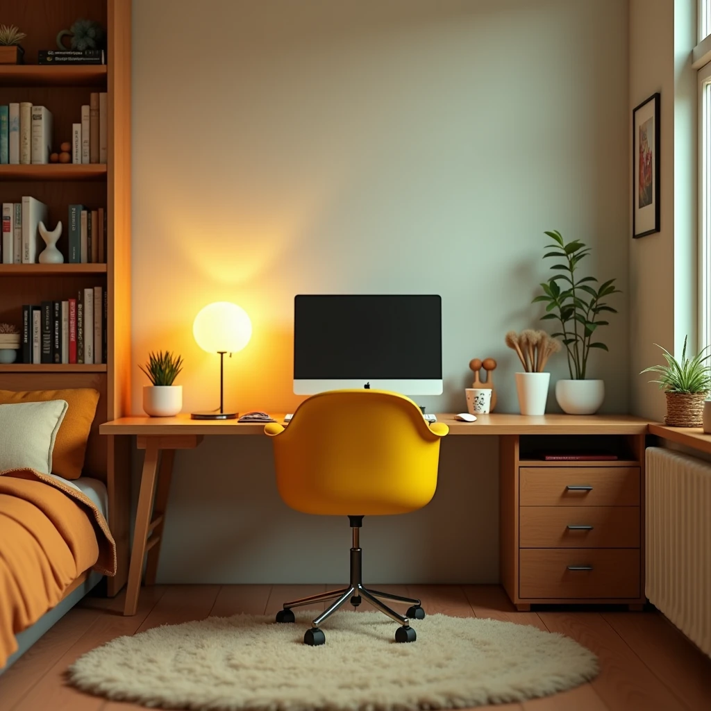 a view of a computer desk in a room with a yellow chair, a 3D render inspired by Louis Eilshemius, flickr, computer art, 3d image, 90s bedroom, background 1970s office, photo 3d, photo 3d, 1990s bedroom