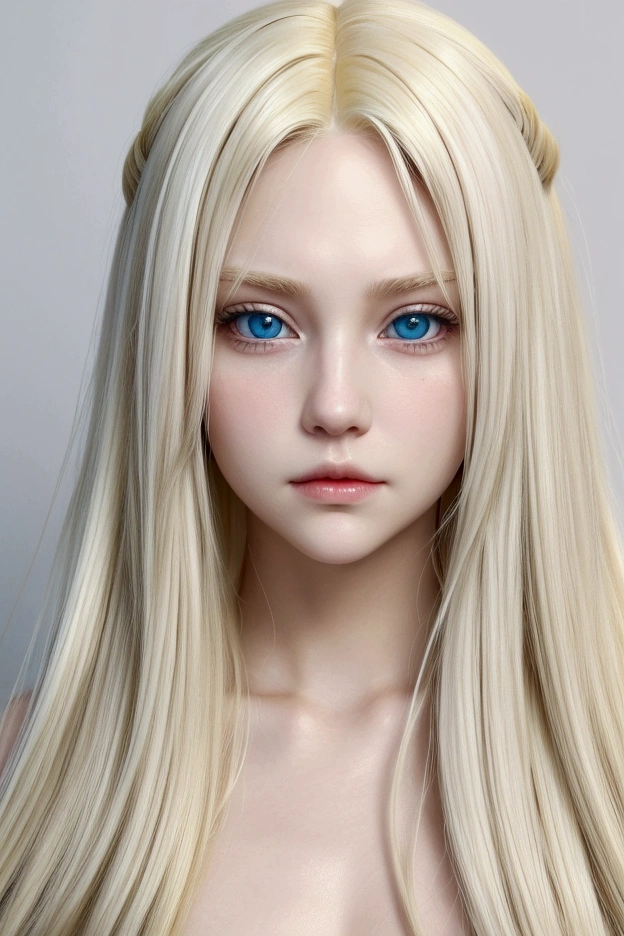 create for me a woman with long, blonde hair (almost white with more yellowish tips) big, round, light blue eyes. she must have a bored expression on her face