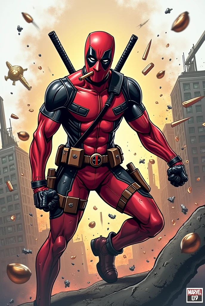 deadpool,marvel,action,character,anti-hero,superhero,masked,vigilante,mercenary,martial arts,fourth wall breaking,vulgar humor,breaking the fourth wall,red&black suit,detailed chest emblem,swords,guns,katanas,comic book style,highly detailed illustration,dynamic poses,bullet holes,explosions,cityscape background,vibrant colors,shadows and highlights,defiant expression,cigar-smoking,cool attitude,scars,mask covering face,deadly combat,badass attitude, Negativo Prompt: desenho mal feito, arte errada