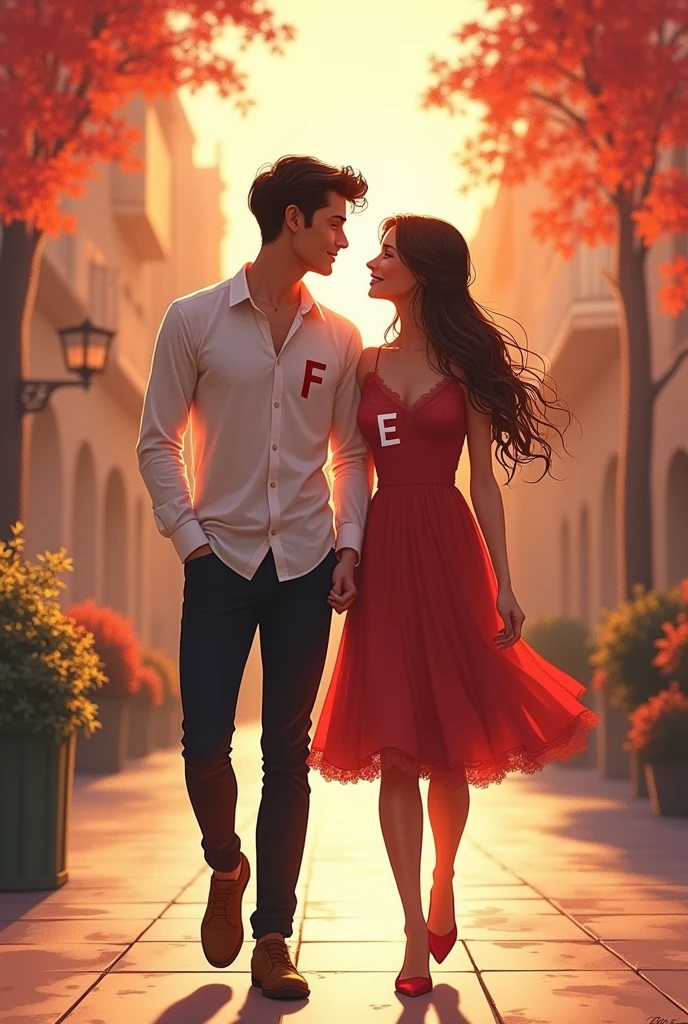 Image d'un jeune couple marchant ensemble avec l'homme portant la lettre " F " sur sa tenue et la femme portant la lettre " E " sur sa tenue