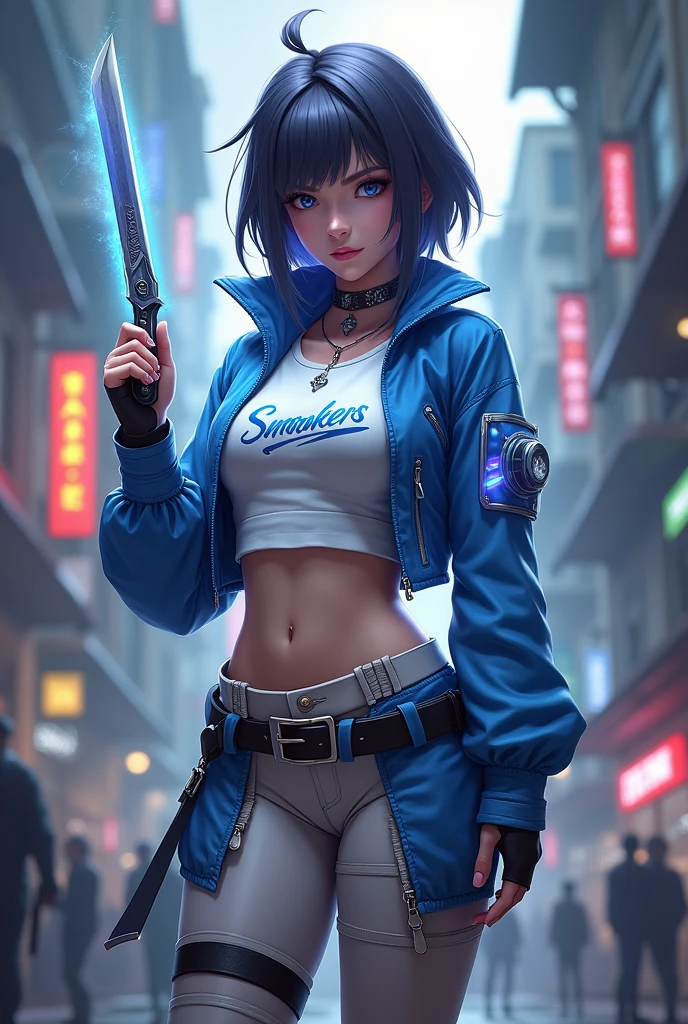 Game name:mobile legends bang bang games. Holding dagger in right hand.
Body size: no muscle man
Outfit: White and blue cyberpunk with clear and not hidden print "smokers".
Background realistic
