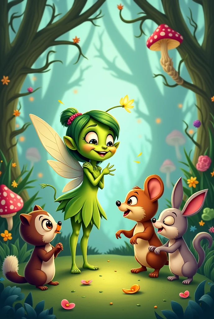 However, green fairy became possessive of her garden and refused to share it with the other animals. Hootie, Squeaky, and Rosie tried to reason with her, but she wouldn't listen..in cartoons characters