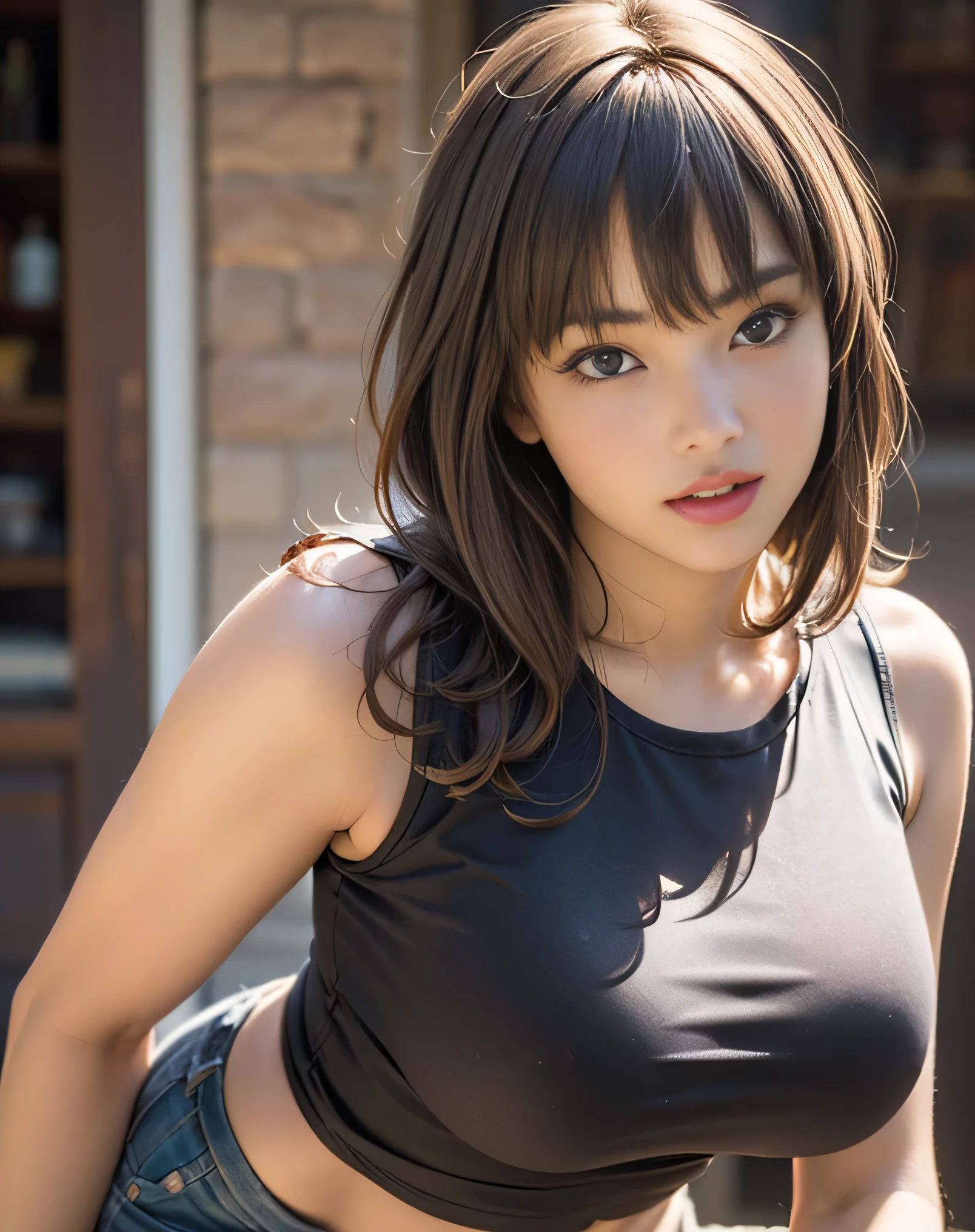 (photorealistic:1.6),(High resolution:1.6),(1 girl:1.5),(solo, one woman:1.5),(Side angle photo),(Showing face:1.4),(Beautiful face woman:1.2),(cool beauty:1.5),(Light brown hair color:1.3),(bangs:1.3),(extremely long hair),(Plump lips),chuuChloe,(Saggy Breasts:1.4),(Leaning forward),(flaunt muscles),(Muscular),(looking at viewer:1.4),(sexy:1.3),(Gorgeous Body),(Tight Sleeveless T-shirt:1.3),(navel is visible),(Sheer:1.3),take off clothes,Dynamically,Undressing,Peeking,(mean expression)