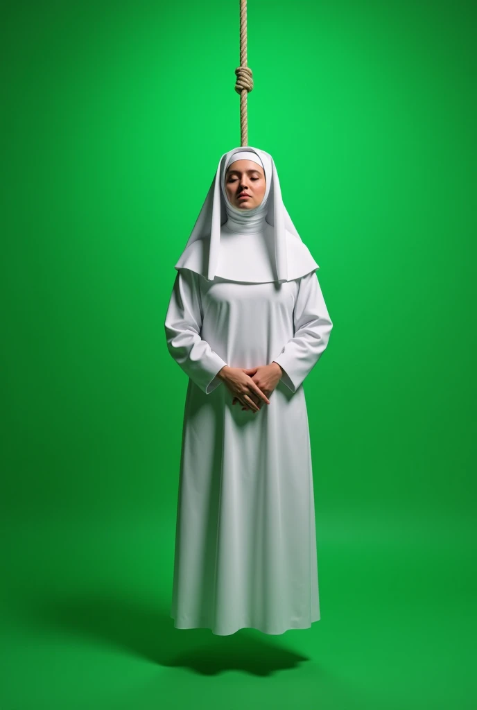A white nun hanging in a rope,her face , and background green screen