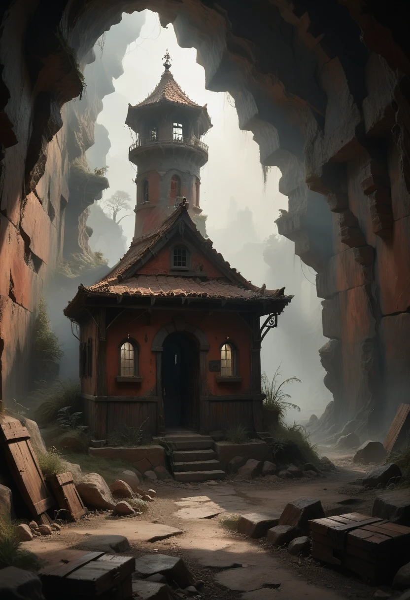 (8 K),(masterpiece),absurd, high, ultra detailed, (1 girl:1.3),, break, discreet lighting, gloomy atmosphere, Dark Shadows, subtle highlights, mysterious aura, break, panoramic photography, Wide-angle perspectives, breathtaking scenery, Stunning views, Expansive scenes, Visual depth, Breathtaking perspectives, (post-apocalyptic devastation), (Red Rock Canyon), view from a wooden hut, ((View from the warehouse window)), In the foreground are boxes of ammunition and tank shells
