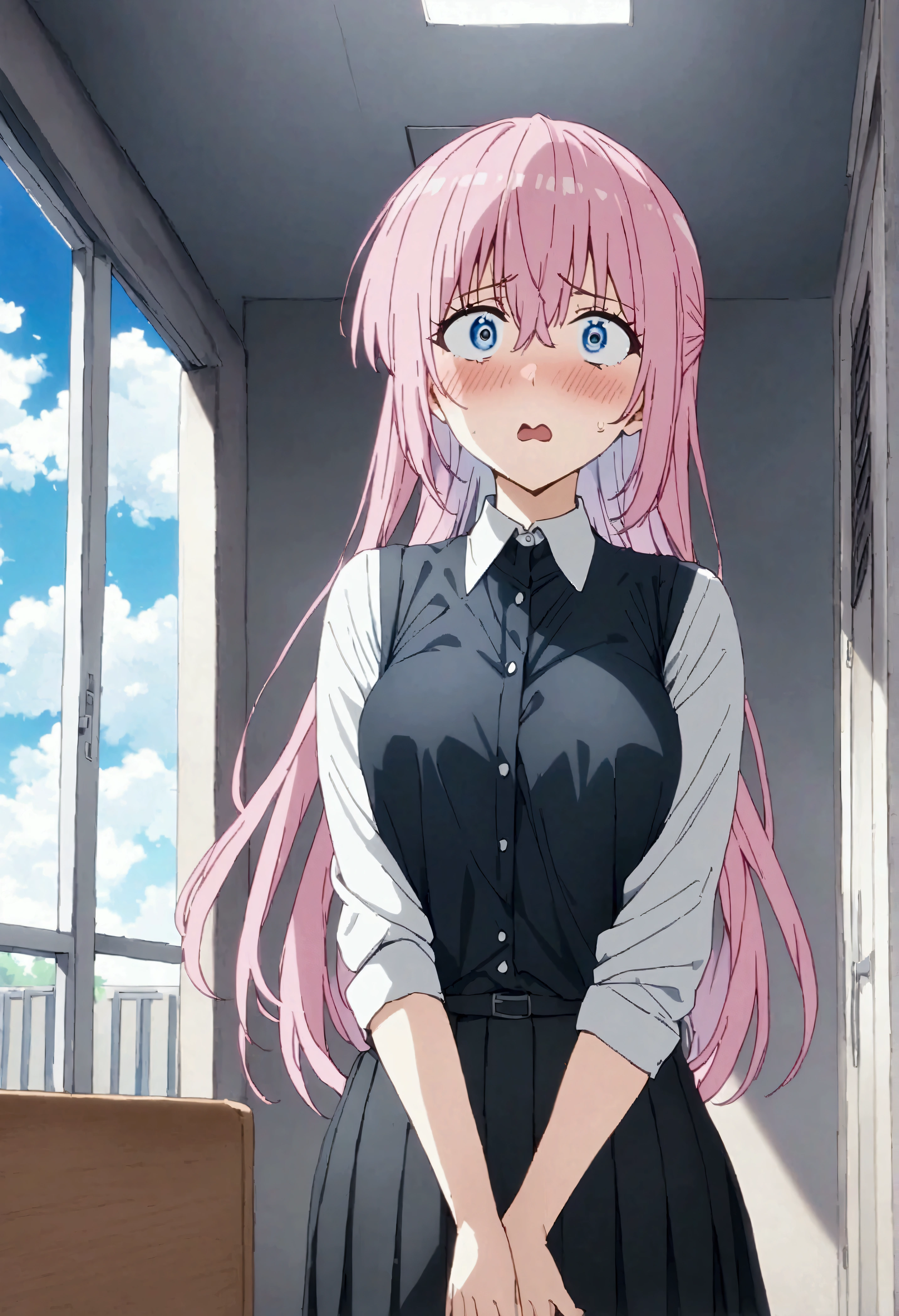 NSFW,masterpiece,Highest quality,High resolution,Very detailed,Shikimori-san\(可愛いだけじゃないShikimori-san\),Pink Hair、Long Hair、blue eyes、Hair between the eyes、bangs,Surprised face,blush,uniform,Dress shirt,Pleated skirt,School,locker room,locker,bench,Changing clothes,Half-naked