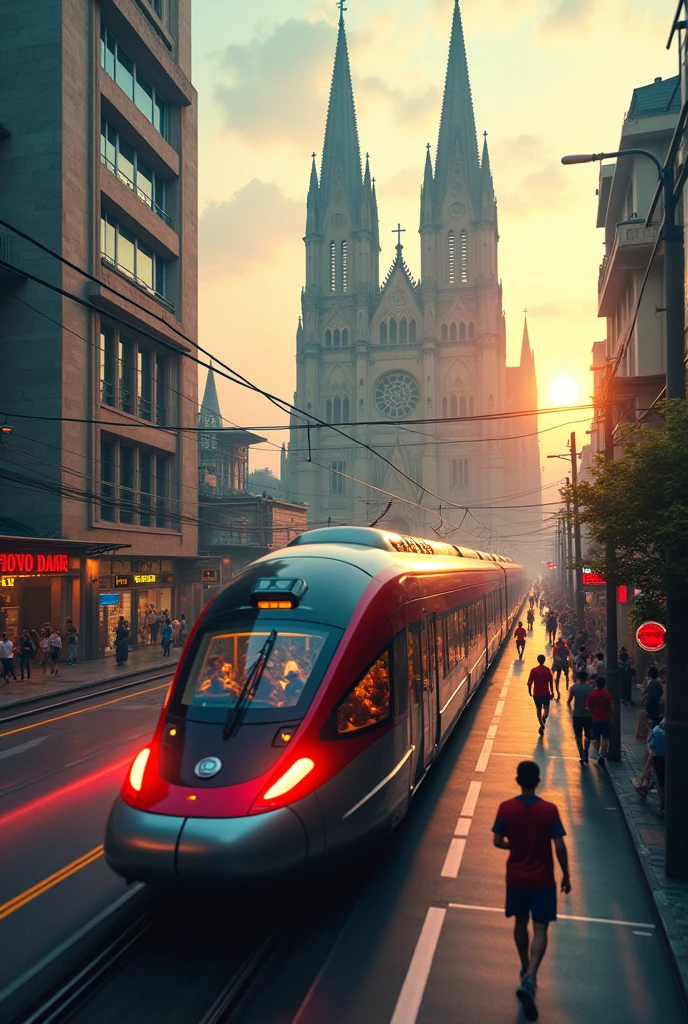 A surreal hight speed train carrying coach carrying soccer players, moving through a Saigon street at Notre Dame Cathedral | fantasy, colorful, highly detailed, dreamlike atmosphere, glass reflections, urban setting | photorealistic | cinematic sunset lighting