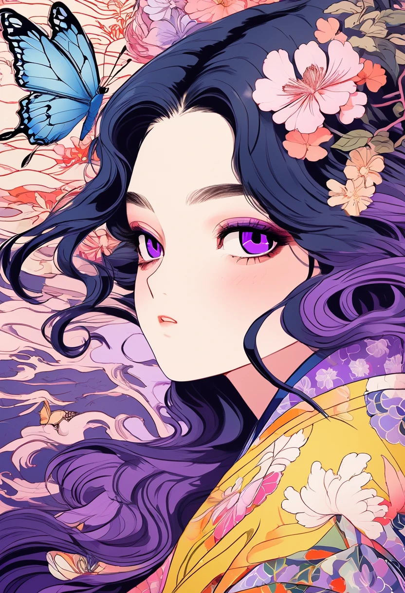 A mesmerizing surreal illustration of Shinobu Kouchou from Kimetsu No Yaiba. She has black hair, purple eyes, a butterfly hair ornament, and wears a vibrant pastel colored bikini. The background is a vintage floral-patterned wallpaper that complements the artwork's colors. The line work is precise, with delicate shading that gives the illustration a 3D quality. The artwork fuses modern illustration techniques with traditional Japanese aesthetics, resulting in a visually striking, portrait,