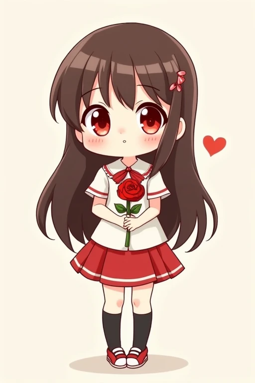 A cute anime girl with long brown hair, red eyes, wearing a simple white dress shirt with a red handkerchief-shaped ribbon, a simple red skirt, black socks, and red shoes with white areas is smiling gently and holding a single red rose in both arms, this is a deformed illustration with a thick outline.