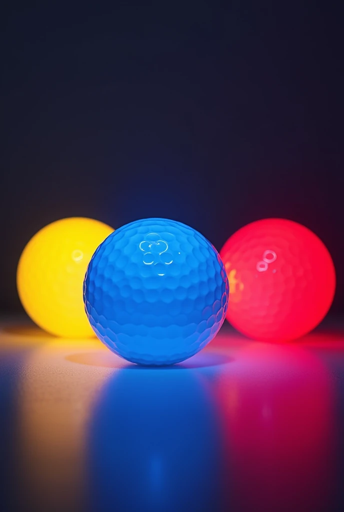Golf balls being focused with different lights (yellow, blue and red)  This is so that the color of the golf ball changes. You can do this with at least 3 balls in the same image.