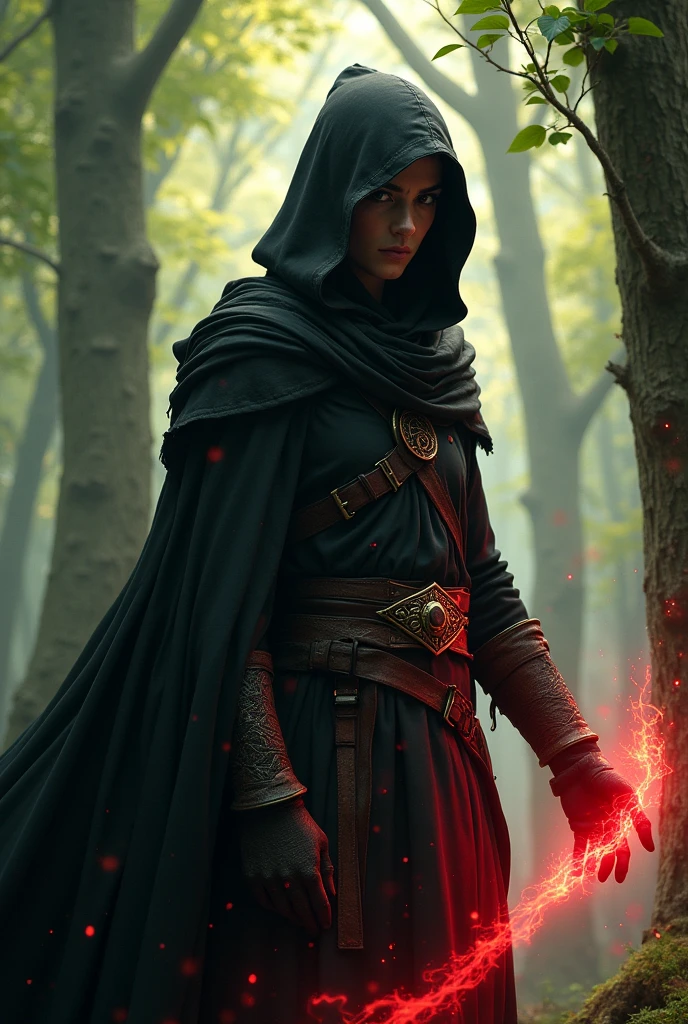 wood elf magic-using rogue, wearing a black cloak, red magic in hand, rosco with mask and hood